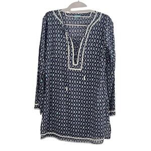 Letarte Skull Tunic Coverup Dress •M• Navy Blue Sequin Bead 3/4 Sleeve Blouse